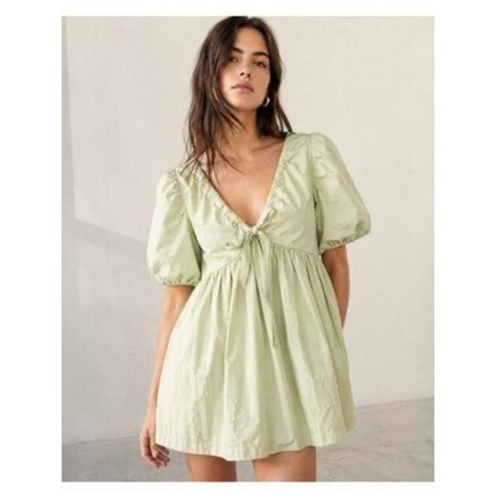 Abercrombie & Fitch Light Green Puff Sleeve Tie Front Babydoll Mini Dress LP